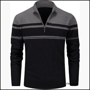 Men's 1/4 Zip Cotton Pullover Sweater, Striped Long Sleeve Polo